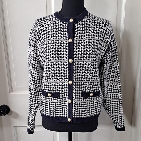 Vintage-Inspired Houndstooth Cardigan | Navy Robert Scott LTD | 100% Cotton Chic - Picture 1 of 8